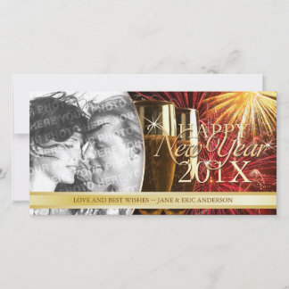 Happy New Year Fireworks Champagne photocard Holiday Card
