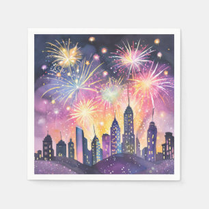 Happy New Year Fireworks City Night Watercolor Napkin