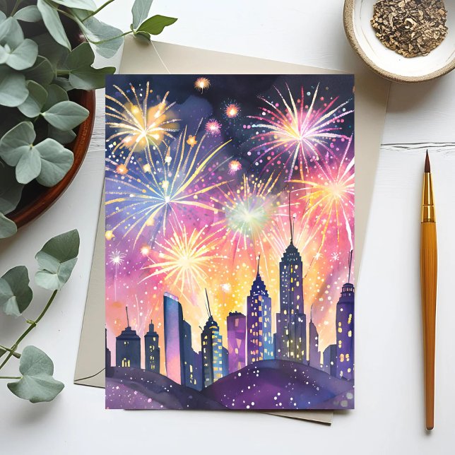 Happy New Year | Fireworks City Night Watercolor Postcard (Creator Uploaded)