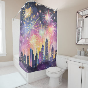 Happy New Year   Fireworks City Night Watercolor Shower Curtain