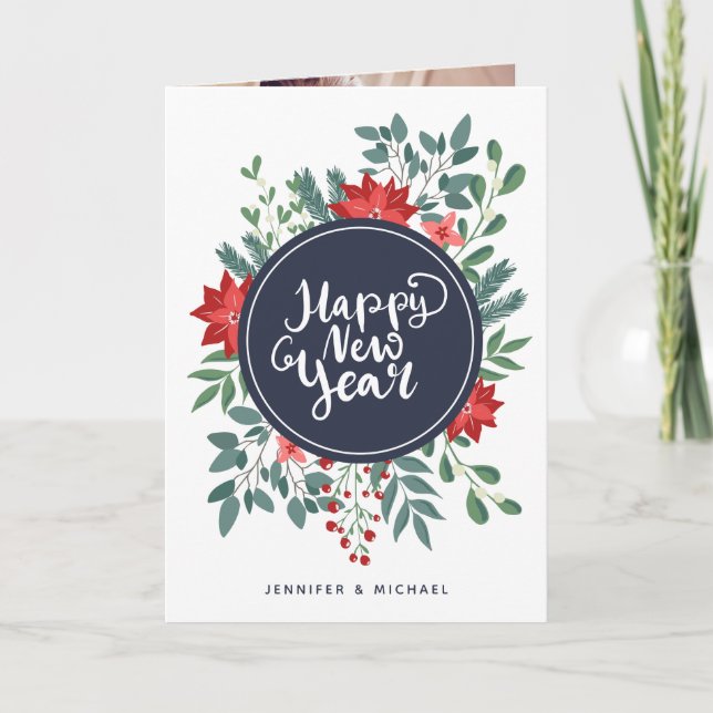 Happy New Year Floral | Photo Holiday Card (Front)