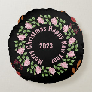 Happy New Year Floral Round Pillow