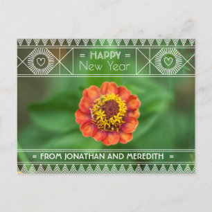 Happy New Year Flower Green Orange Floral Art Deco Postcard