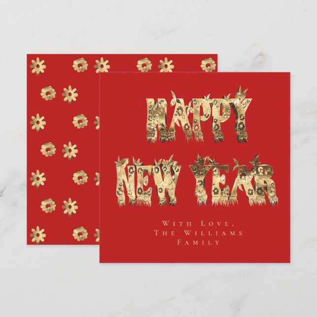 Happy New Year Flowers Red and Gold Script Floral Holiday Card (Front/Back)