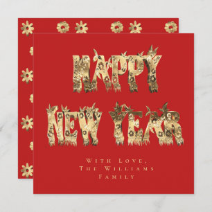 Happy New Year Flowers Red and Gold Script Floral Holiday Card