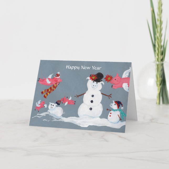 Happy New Year Flying Pigs Holiday Card (Front)