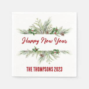 Happy New Year Framed Winter Wheath Greeting Napkin