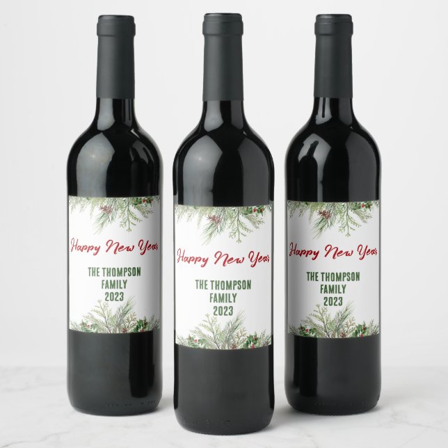 Happy New Year Framed Winter Wheath Greeting  Wine Label (Bottles)