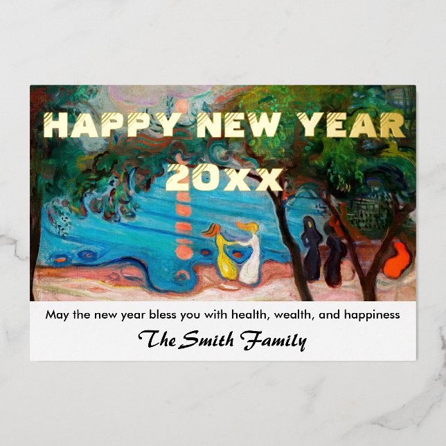 Happy New Year from Dance on the Beach by Munch Foil Holiday Card (Front)