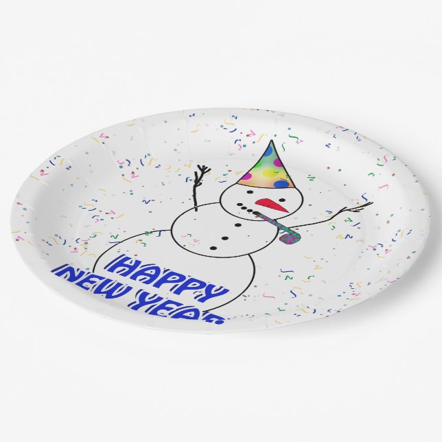 Happy New Year from the Celebrating Snowman Paper Plate (Angled)