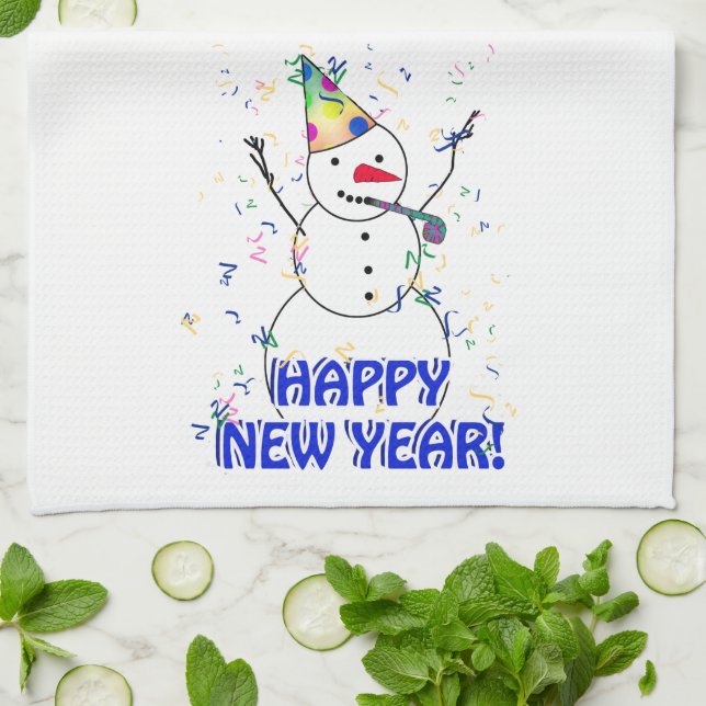 Happy New Year from the Celebrating Snowman Tea Towel (Folded)