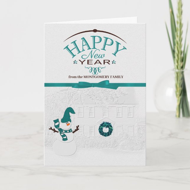 Happy New Year Front Yard Snowman with Name Holiday Card (Front)