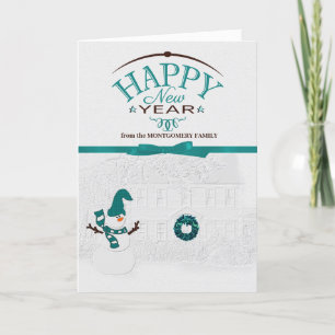 Happy New Year Front Yard Snowman with Name Holiday Card
