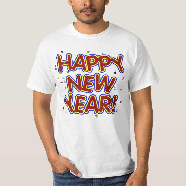 Happy New Year - Fun Red Text With Confetti T-Shirt (Front)