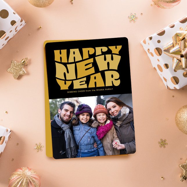 Happy New Year funky fun retro black gold photo Holiday Card (Creator Uploaded)
