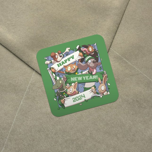 Happy New Year Funny Animal Fans Scarf Cartoon Square Sticker (Creator Uploaded)