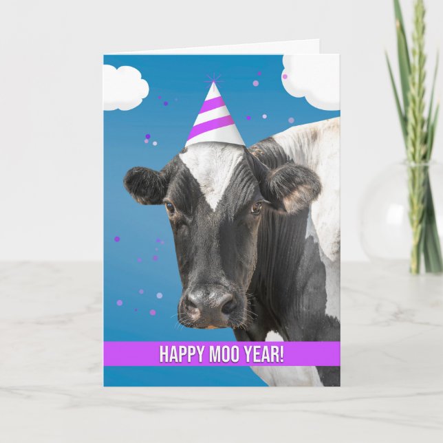 Happy New Year Funny Cow Wearing Party Hat Humour  Holiday Card (Front)