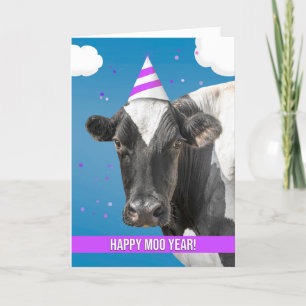 Happy New Year Funny Cow Wearing Party Hat Humour  Holiday Card