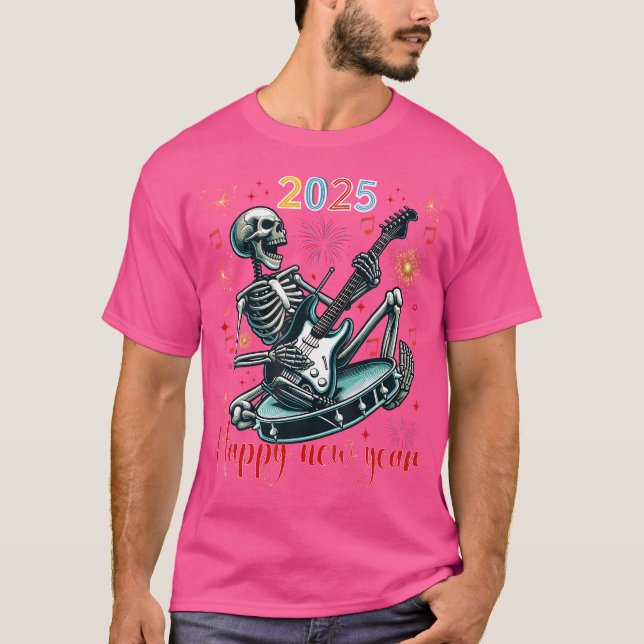 Happy New Year Funny Skeleton Playing Guitar T-Shirt (Front)