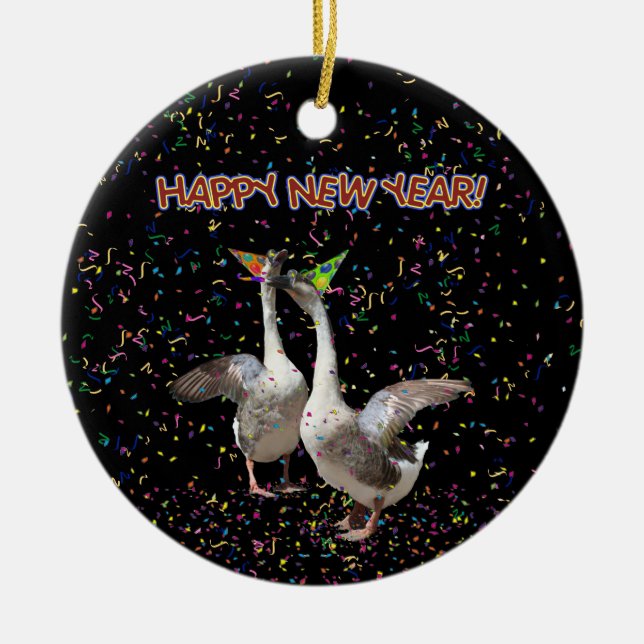 Happy New Year Geese Ceramic Tree Decoration (Front)