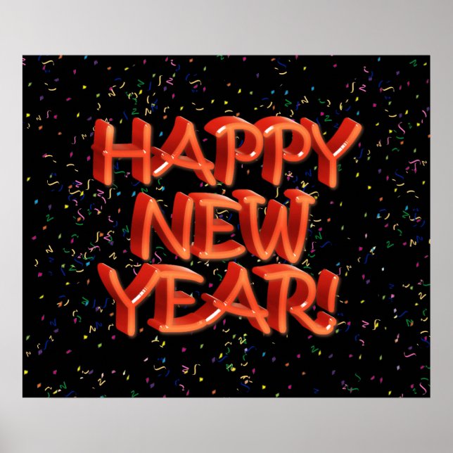 Happy New Year Glassy Red Text Poster (Front)