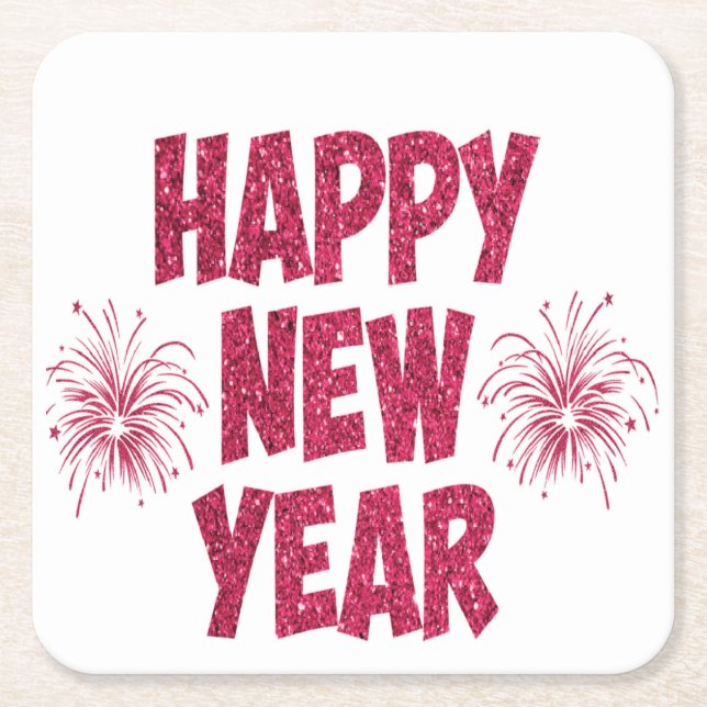 Happy New Year Glitter Square Paper Coaster (Front)