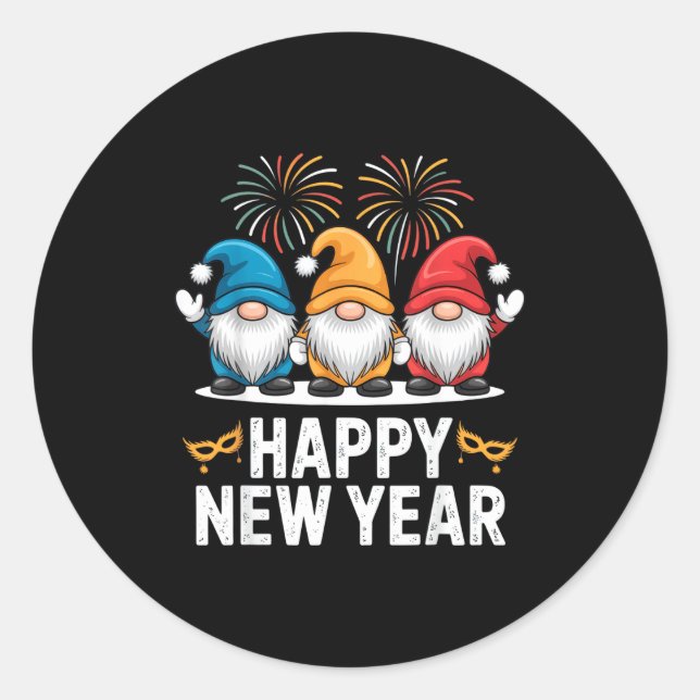Happy New Year Gnomes For Party Lovers And Festive Classic Round Sticker (Front)