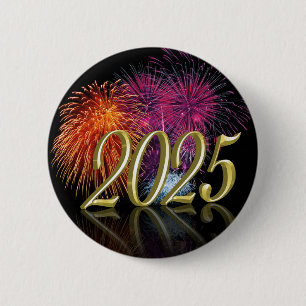 Happy New Year Gold 2025 Fireworks 6 Cm Round Badge