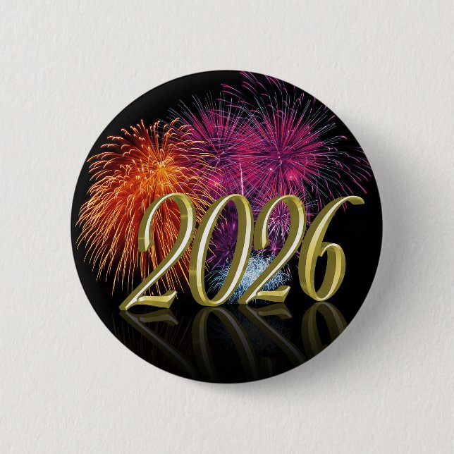 Happy New Year Gold 2026 Fireworks Button (Front)