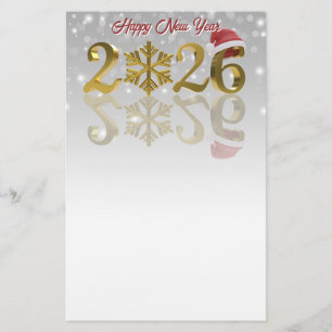 Happy New Year Gold 2026   Santa Hat and Snowflake Stationery