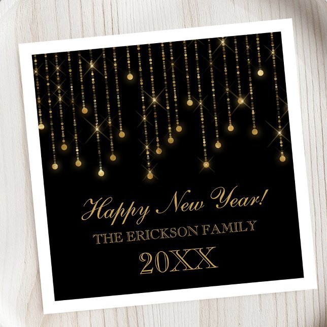 Happy New Year Gold and Black String Lights Custom Napkin (Creator Uploaded)