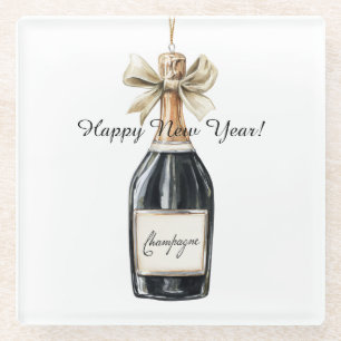 Happy New Year Gold Black Champagne Bottle Glass Coaster