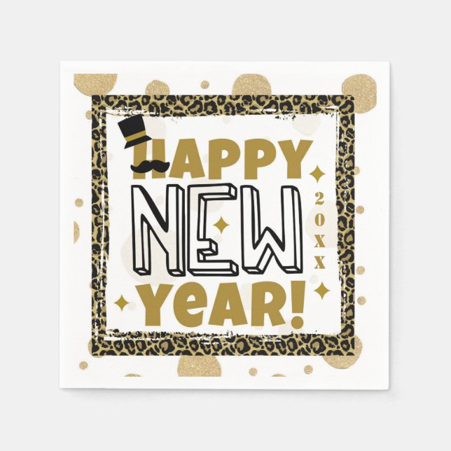Happy New Year Gold Black Leopard Print Napkin (Front)