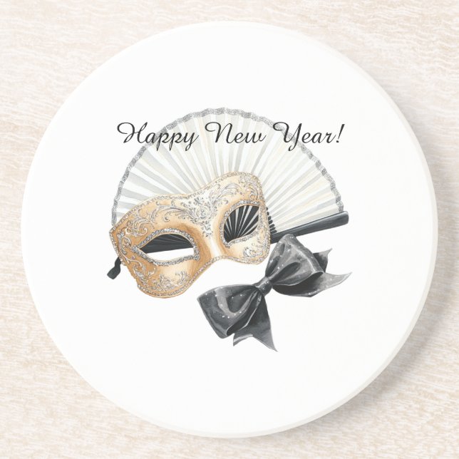 Happy New Year Gold Black Mask Coaster (Front)