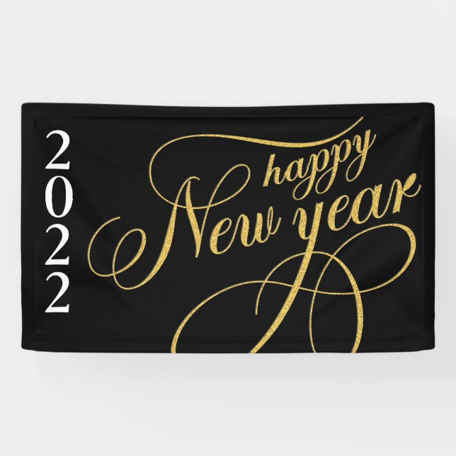 Happy New Year Gold & Black Typography Banner (Horizontal)