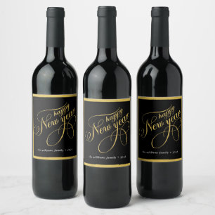Happy New Year Gold & Black Typography Wine Label
