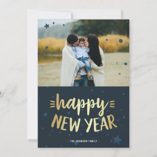 Happy New Year   Gold & Blue New Year Photo Holiday Card
