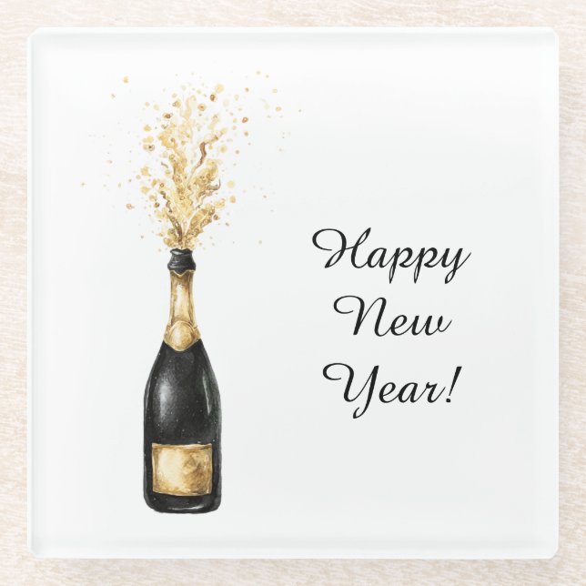 Happy New Year Gold Bottle Glass Coaster (Front)