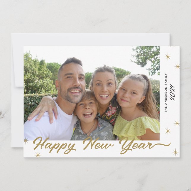 Happy New Year Gold Calligraphy Photo Holiday Card (Front)