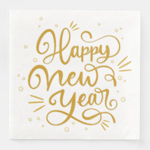 Happy New Year Gold Calligraphy Script Napkin