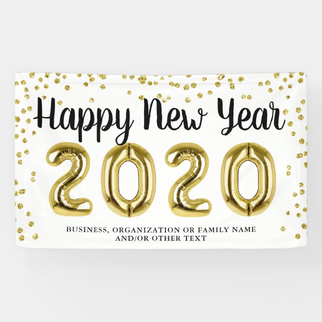 HAPPY NEW YEAR Gold Confetti Brush Script White Banner (Horizontal)