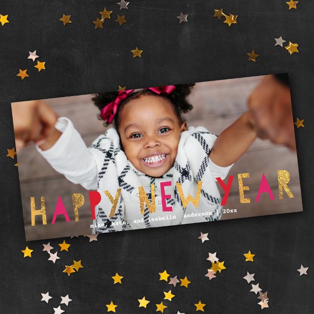 Happy New Year Gold Faux Foil Pink Photo Holiday Card (Creator Uploaded)