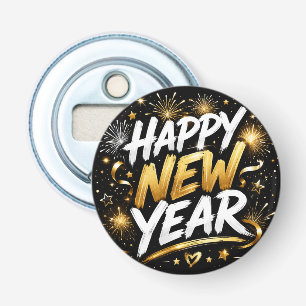 Happy New Year Gold Fireworks Typography Design Bottle Opener