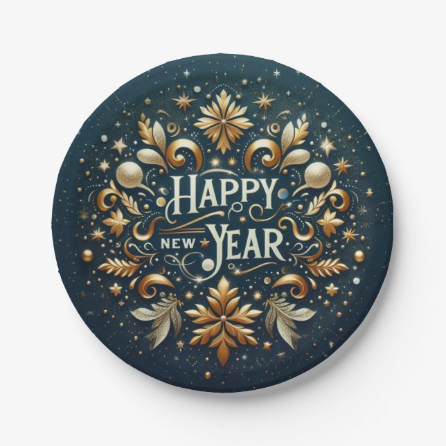 Happy New Year Gold Flourish Festive  Paper Plate (Front)
