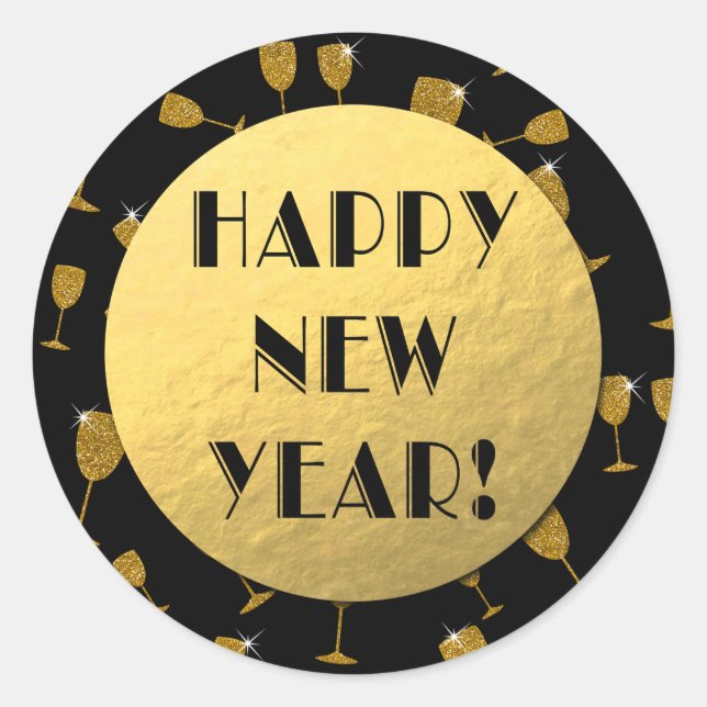 Happy New Year! Gold Foil and Black Round Sticker (Front)