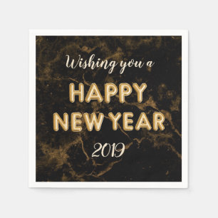 Happy New Year Gold Foil Balloons Marble Black Napkin