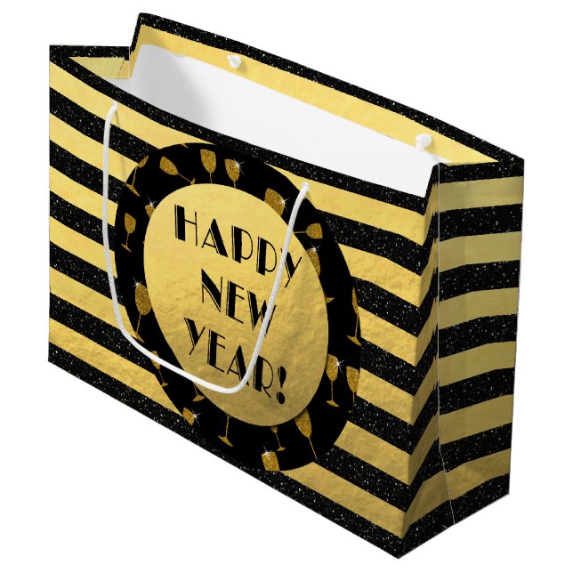 Happy New Year Gold Foil, Black Glitter Gift Bag (Front Angled)