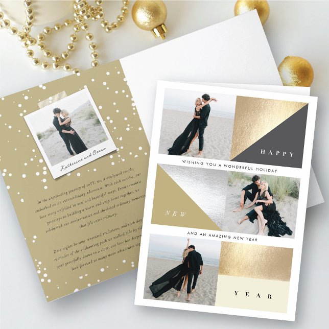 Happy New Year Gold Foil Blocks Stylish 3 Photo Holiday Card (Creator Uploaded)