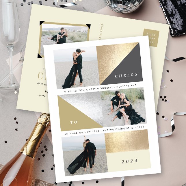 Happy New Year Gold Foil Blocks Stylish 3 Photo Holiday Postcard (Creator Uploaded)