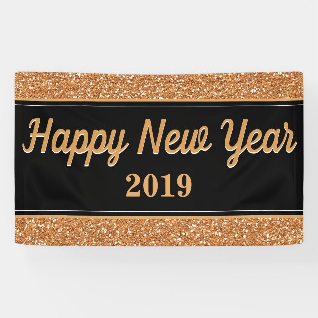 Happy New Year Gold Glitter Black Banner (Horizontal)